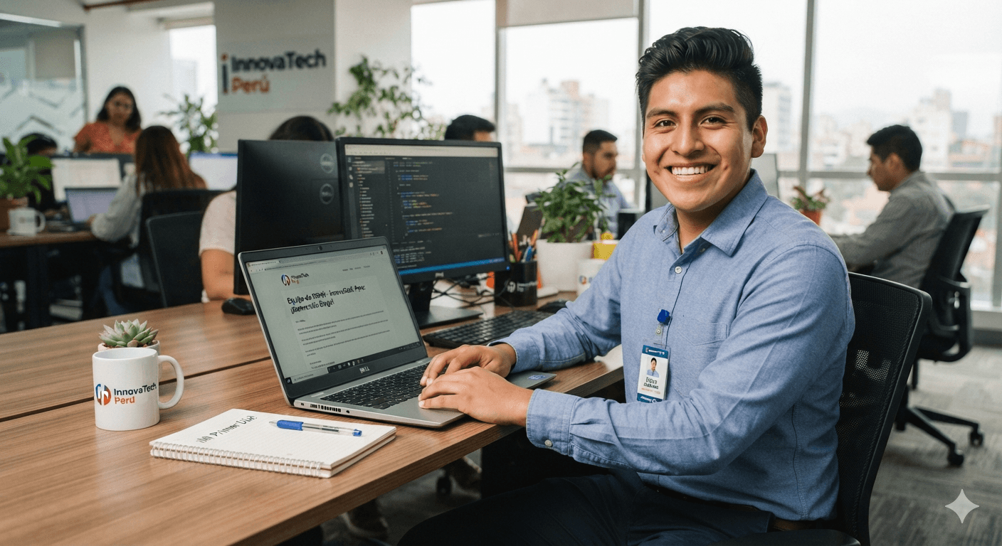 Joven peruano en su primer día de trabajo, sonriendo frente a una laptop en una oficina